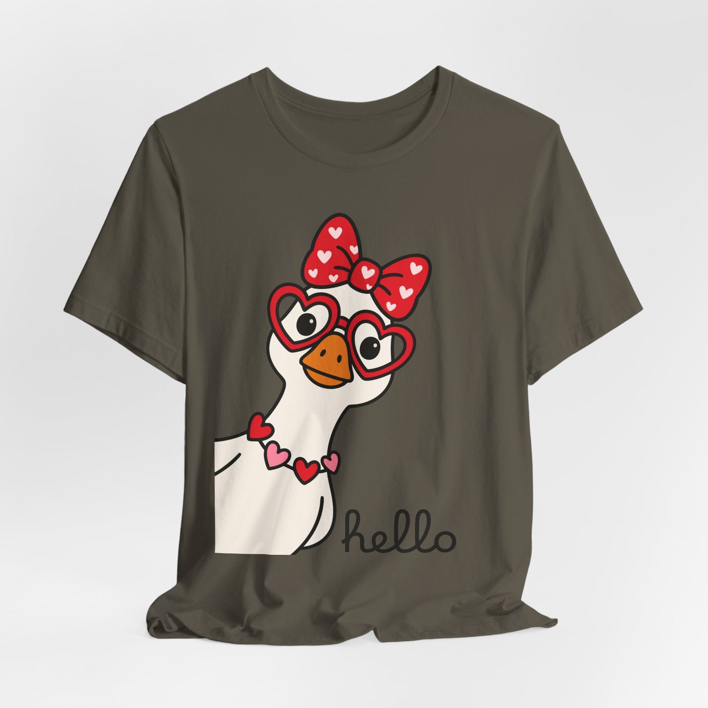 Valentine Goose Tee | Heart Glasses Bow Hello Graphic Shirt