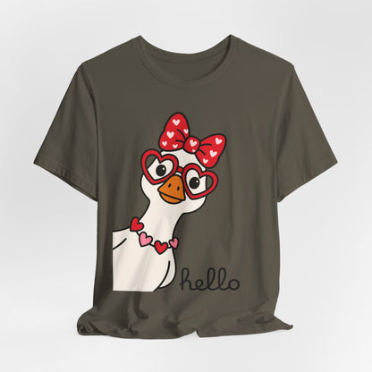 Valentine Goose Tee | Heart Glasses Bow Hello Graphic Shirt