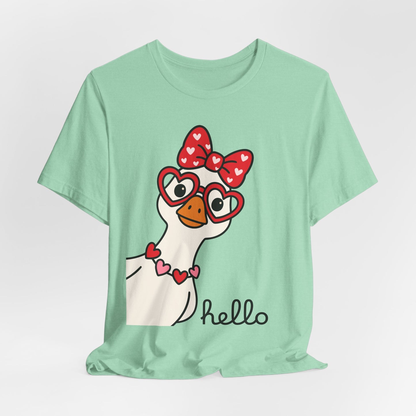 Valentine Goose Tee | Heart Glasses Bow Hello Graphic Shirt