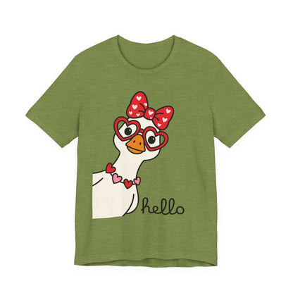 Valentine Goose Tee | Heart Glasses Bow Hello Graphic Shirt