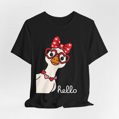 Valentine Goose Tee | Heart Glasses Bow Hello Graphic Shirt