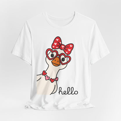Valentine Goose Tee | Heart Glasses Bow Hello Graphic Shirt