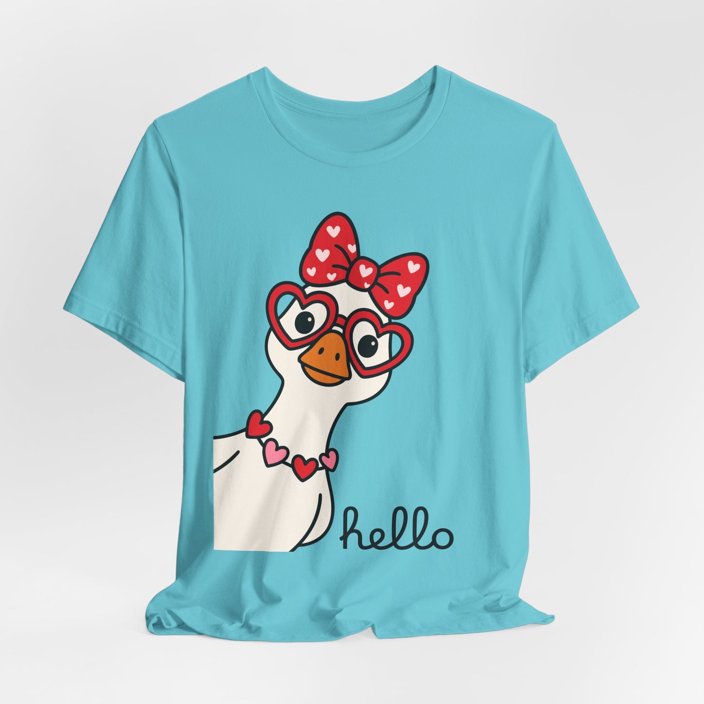 Valentine Goose Tee | Heart Glasses Bow Hello Graphic Shirt