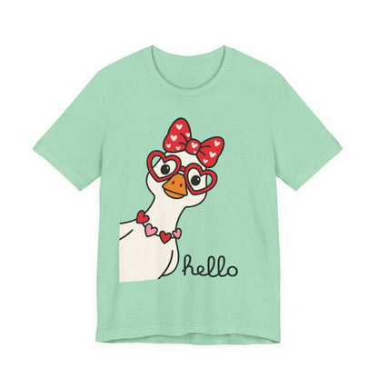 Valentine Goose Tee | Heart Glasses Bow Hello Graphic Shirt